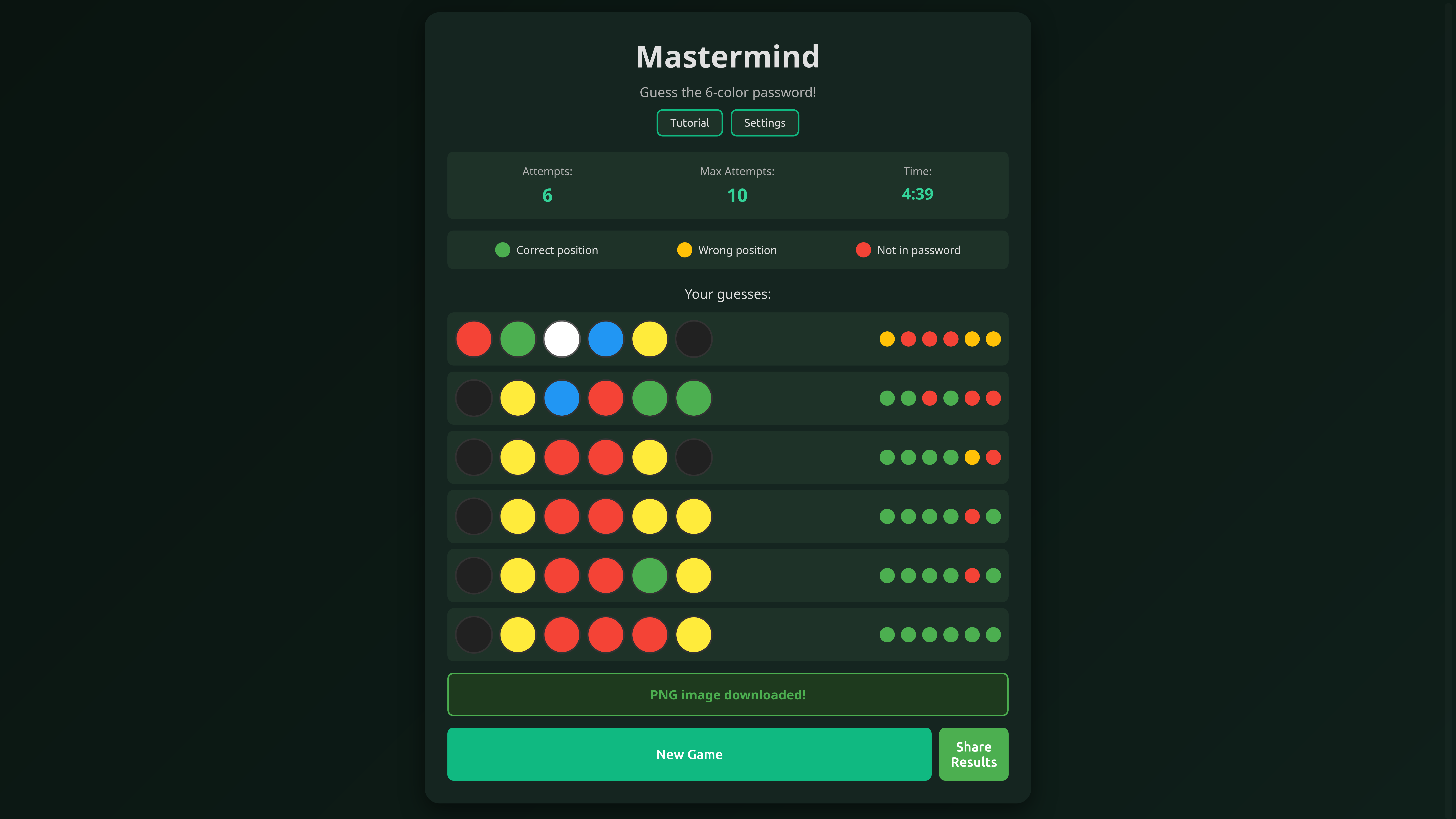 Winning game screen